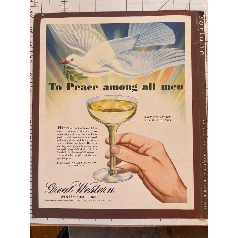 Vintage 1940s Great Western Wines Ad - "To Peace Among All Men" With War Bonds C